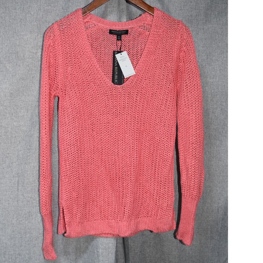 Banana Republic 100% Linen Open-Knit V-Neck Sweater – Size M NWT